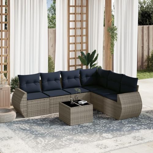 Qnhdfrt 7-teiliges Gartensofa Set grau Polyrattan Balkonmöbel 62x62 cm Glastisch Sitzgruppe Outdoor mit abnehmbarem Marineblauen Kissen stabil modular für kleinen Balkon Terrasse und Garten von Qnhdfrt