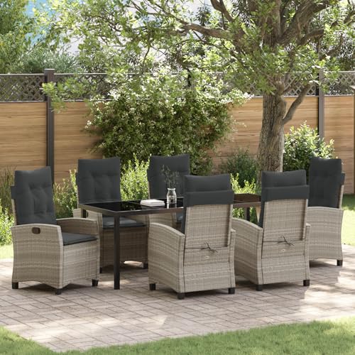Qnhdfrt 7-teiliges Gartenstuhl Set Hellgrau Poly-Rattan mit Kissen für Terrasse Balkon Garten Outdoor-Möbel Verstellbare Rückenlehne und Robuster Stahlrahmen von Qnhdfrt