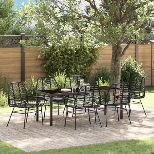 Qnhdfrt 7-teiliges Gartenstuhl Set Schwarz aus Synthetischem Poly-Rattan mit Rechteckigem Tisch für Garten Terrasse Balkon – Robustes Design Hohe Tragfähigkeit Einfache Pflege von Qnhdfrt