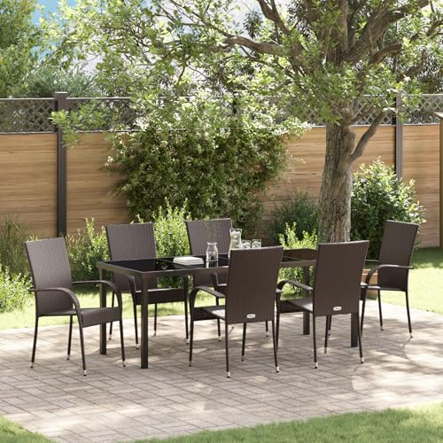 Qnhdfrt 7-teiliges Gartentisch-Set Braun mit 6 stapelbaren Poly-Rattan Stühlen für Garten Terrasse Balkon – Modernes Design und Wetterbeständigkeit von Qnhdfrt