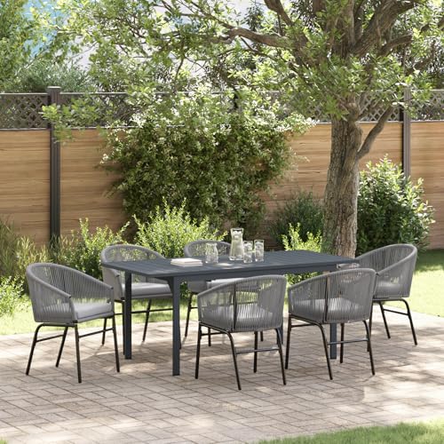 Qnhdfrt 7-teiliges Outdoor Dining Set Grau mit Kissen Rechteckiger Tisch und 6 Stühle Poly Rattan Gartenmöbel für Terrasse Balkon Modernes Design Robust von Qnhdfrt