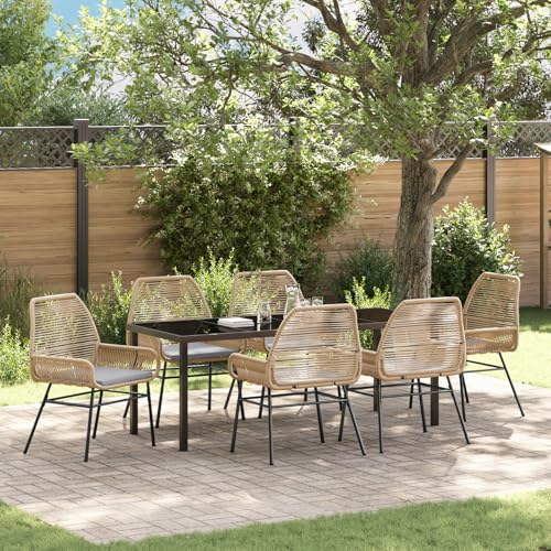 Qnhdfrt 7-teiliges Outdoor ESS-Set Gartenmöbel mit 6 Stühlen und Tisch Braun Poly Rattan Hellgraue Kissen Modern Robust für Garten Terrasse Balkon von Qnhdfrt
