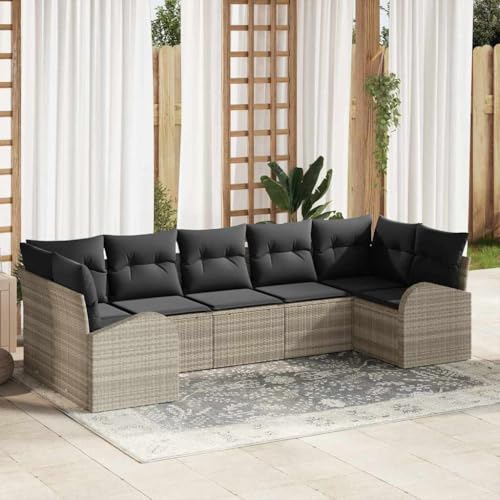 Qnhdfrt 7 teiliges Outdoor Ecksofa Set aus Poly Rattan mit Kissen 9 Sitzer Gartenmöbel Set in Hellgrau und Schwarz für Balkon Terrasse Garten Qnhdfrt 7 teiliges Outdoor Ecksofa Set aus Poly Rattan mit Kissen 9 Sitzer Gartenmöbel Set in Hellgrau und Schwarz für Balkon Terrasse Garten von Qnhdfrt
