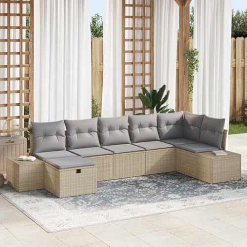 Qnhdfrt 7 teiliges Outdoor Sitzgruppe Set aus Poly Rattan Grau mit Beigen Kissen für Garten und Terrasse mit Stauraum Modular und Wetterfest von Qnhdfrt