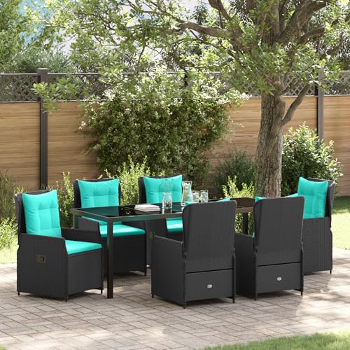 Qnhdfrt 7-teiliges Schwarz Poly-Rattan Gartenstühle Set mit Türkisen Kissen Verstellbarer Rückenlehne für Terrasse Balkon Garten Outdoor von Qnhdfrt