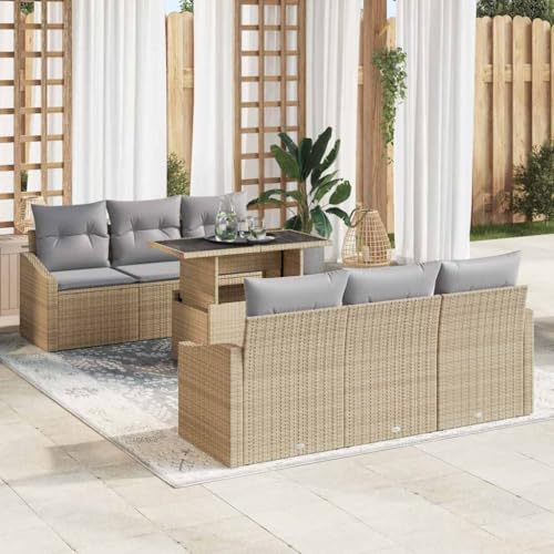 Qnhdfrt 7 teiliges Sofa Set Gartenmöbel aus Poly Rattan mit Kissen Beige Grau Outdoor Sitzgruppe für Terrasse Garten von Qnhdfrt