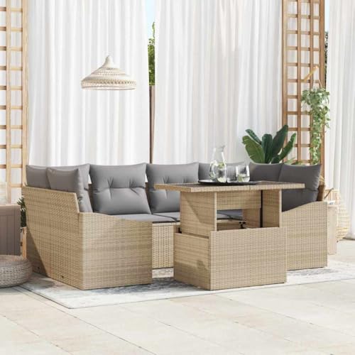 Qnhdfrt 7 teiliges Sofa Set Gartenmöbel aus Poly Rattan mit Kissen Beige Grau für Terrasse Balkon und Außenbereich von Qnhdfrt