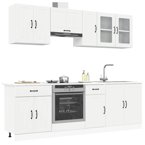 Qnhdfrt 8-TLG. Küchenschrank-Set Kalmar Weiß aus Holzwerkstoff mit Glas - Küchenzeile mit Spülenunterschrank, Hängeschränken und Ofenschrank für praktische Aufbewahrung von Qnhdfrt