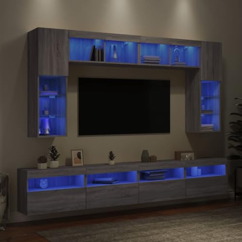 Qnhdfrt 8-TLG. TV-Wohnwand mit RGB-LED-Beleuchtung Grau Sonoma aus Holzwerkstoff & Glas – Moderner Wandschrank mit Stauraum für Wohnzimmer von Qnhdfrt