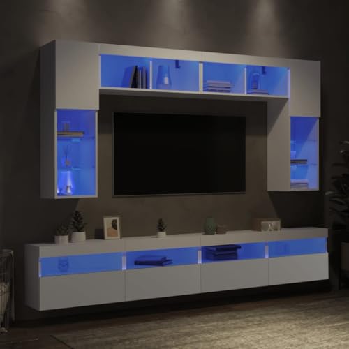 Qnhdfrt 8-TLG. TV-Wohnwand mit RGB-LED-Beleuchtung Weiß - Moderner TV-Schrank aus Holzwerkstoff & Glas - Wandmontage, Stauraum & Design-Element für Wohnzimmer von Qnhdfrt