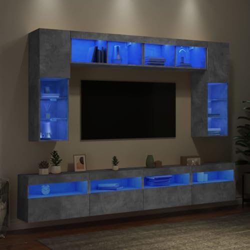 Qnhdfrt 8-TLG. TV-Wohnwand mit RGB-LED-Beleuchtung aus Holzwerkstoff in Betongrau – Moderner Wandschrank mit Stauraum für Wohnzimmer von Qnhdfrt