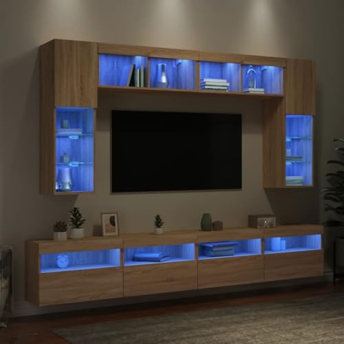 Qnhdfrt 8-TLG. TV-Wohnwand mit RGB-LED-Beleuchtung in Sonoma-Eiche - Moderner TV-Schrank aus Holzwerkstoff mit viel Stauraum für Wohnzimmer von Qnhdfrt