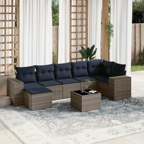 Qnhdfrt 8-Teiliges Gartensofa Set Polyrattan Grau mit Glastisch und Marineblauen Kissen Modular Balkonmöbel Klein bis Garten Lounge Komplett Outdoor für Terrasse Garten Balkon von Qnhdfrt