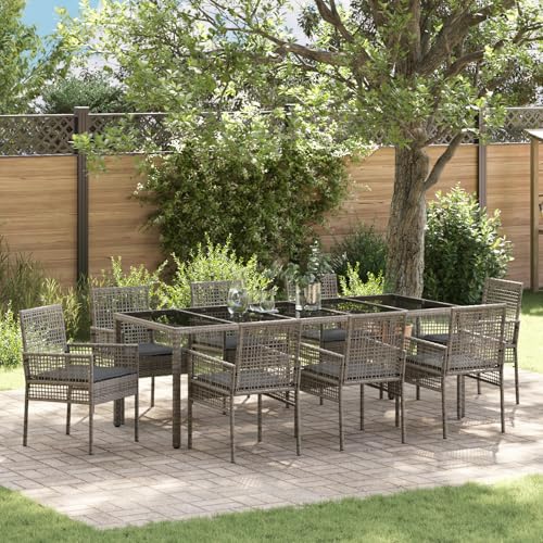 Qnhdfrt 8-sitzer Gartentisch-Set Grau Rechteckig Poly-Rattan mit Sicherheitsglas, Garten Essgruppe für Terrasse Patio Balkon, 1 Tisch und 8 Stühle Komplettset von Qnhdfrt