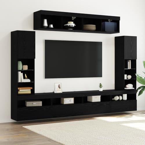 Qnhdfrt 8-teilige TV-Wandeinheit mit LED-Beleuchtung Schwarze Eiche Kunststoffholz erweiterbares Wandregal für Wohnzimmer Sideboard mit 4 Türen und Blauer Lichtfarbe Qnhdfrt 8-teilige TV-Wandeinheit mit LED-Beleuchtung Schwarze Eiche Kunststoffholz erweiterbares Wandregal für Wohnzimmer Sideboard mit 4 Türen und Blauer Lichtfarbe von Qnhdfrt