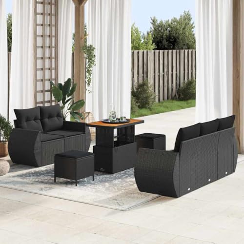 Qnhdfrt 8-teiliges Garten Sofa Set Schwarz Poly Rattan mit Kissen Akazie Tisch Modulares Design für Terrasse Garten und Balkon von Qnhdfrt