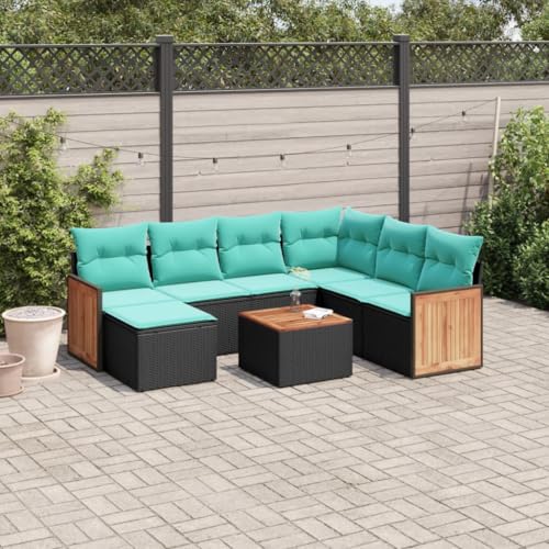 Qnhdfrt 8-teiliges Gartensofa Set Schwarz 35 kg Akazientisch Polyrattan Balkonmöbel Outdoor Sitzgruppe Modular mit Blauen Bezügen 62x62x69 cm Robustes Material für Terrasse Balkon Garten von Qnhdfrt