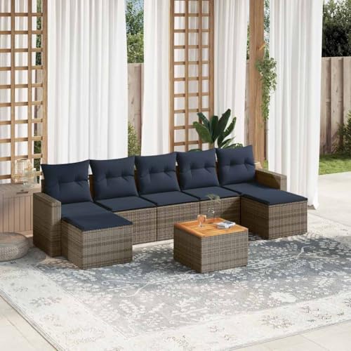 Qnhdfrt 8-teiliges Gartensofa-Set grau Polyrattan mit Akazienholztisch 55x55 cm Stauraum UV-beständig platzsparend für Terrasse Balkon kleine Flächen von Qnhdfrt