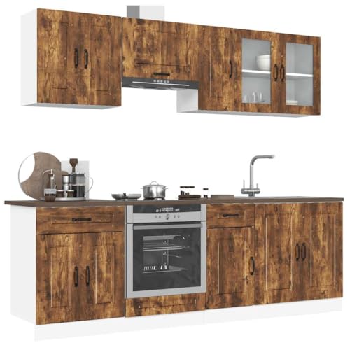 Qnhdfrt 8-teiliges Küchenschrank-Set Kalmar in Räuchereiche aus Holzwerkstoff mit Glas - Elegantes Design, viel Stauraum und verstellbare Füße für die Kücheneinrichtung von Qnhdfrt