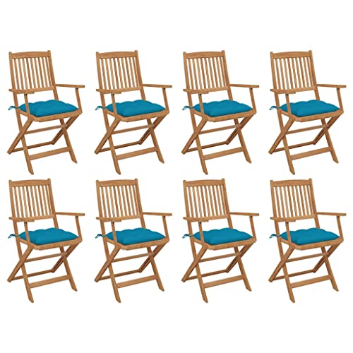 Qnhdfrt 8er Set Klappbare Gartenstühle mit Kissen aus Massivholz Akazie faltbar Outdoor Camping Garten Balkon Terrasse robust und witterungsbeständig mit hellblauen Polstern von Qnhdfrt