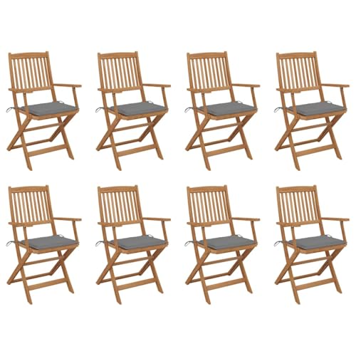 Qnhdfrt 8er Set Klappstühle Massivholz Akazie Grau mit Kissen Faltbare Gartenstühle für Terrasse Camping Balkon von Qnhdfrt