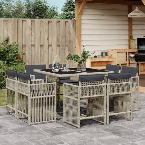 Qnhdfrt 9-TLG Garten-Essgruppe Hellgrau Poly Rattan klappbar 110x106 cm mit anthrazit Kissen Gartentisch Glasplatte stapelbar für Balkon Terrasse Gartenlounge von Qnhdfrt