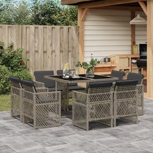 Qnhdfrt 9-TLG Garten-Essgruppe Poly Rattan 110x106x73 cm klappbare Gartenstühle mit dicken Kissen grau Robustes Hartglas Gartentisch Set für Balkon Terrasse Camping von Qnhdfrt