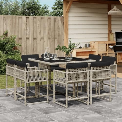 Qnhdfrt 9-TLG Gartenmöbel Set Hellgrau Poly Rattan Balkonmöbel klappbar mit Sitzauflage Gartentisch 110x106 cm & 8 Gartenstühle platzsparend für kleine Balkone Terrasse und Garten von Qnhdfrt