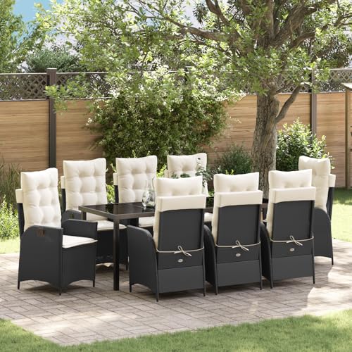 Qnhdfrt 9-TLG Gartenmöbel Set Outdoor Schwarz Poly Rattan mit Kissen - 8 Gartenstühle verstellbar und 1 Gartentisch für Terrasse Balkon Garten von Qnhdfrt