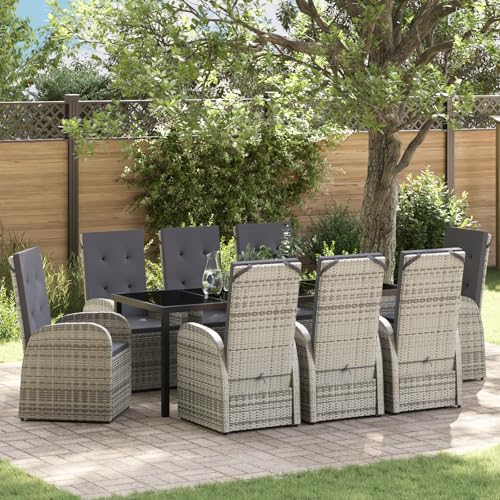 Qnhdfrt 9-TLG Gartenstuhl Set Grau Poly Rattan mit Kissen, Verstellbare Rückenlehne, Wetterfeste Outdoor Möbel für Terrasse Balkon Garten von Qnhdfrt