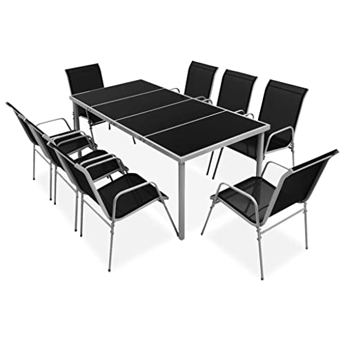 Qnhdfrt 9-TLG. Garten Essgruppe Schwarz Grau mit Glasplatte und 8 stapelbaren Stühlen aus Textilene für Terrasse Garten und Balkon Qnhdfrt 9-TLG. Garten Essgruppe Schwarz Grau mit Glasplatte und 8 stapelbaren Stühlen aus Textilene für Terrasse Garten und Balkon von Qnhdfrt