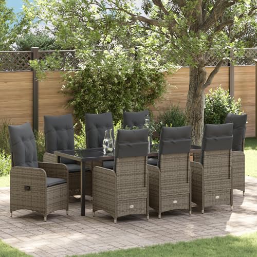 Qnhdfrt 9-TLG. Garten Essgruppe Set Grau mit Kissen Poly Rattan für Terrasse Balkon Garten Modernes Design Verstellbare Rückenlehne von Qnhdfrt