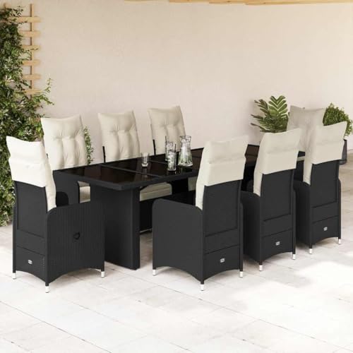 Qnhdfrt 9-TLG. Gartenmöbel Set Schwarz Poly Rattan mit 8 Verstellbaren Gartenstühlen und 240 cm Glastisch Outdoor Sitzgruppe Lounge für Balkon Terrasse Garten von Qnhdfrt