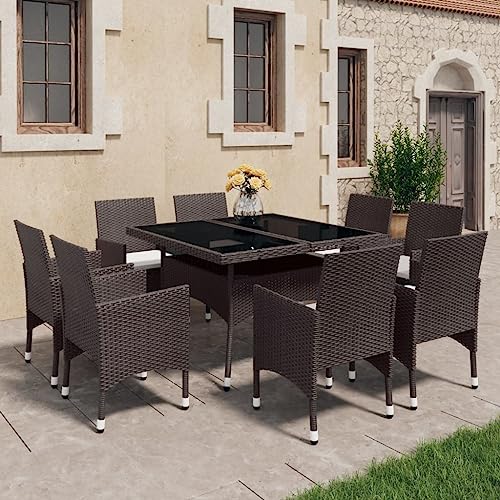 Qnhdfrt 9 teilige Essgruppe Poly Rattan Braun mit Glas Tischplatte und Polsterkissen Outdoor Gartenmöbel Set für Terrasse Balkon Garten von Qnhdfrt