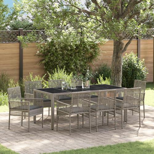 Qnhdfrt 9-teilige Garten-Essgruppe Grau Rechteckig aus Synthetischem Poly Rattan mit Sicherheitsglasplatte – Outdoor Möbel für Terrasse Balkon Garten – Robust Stilvoll Platz für 8 Personen von Qnhdfrt