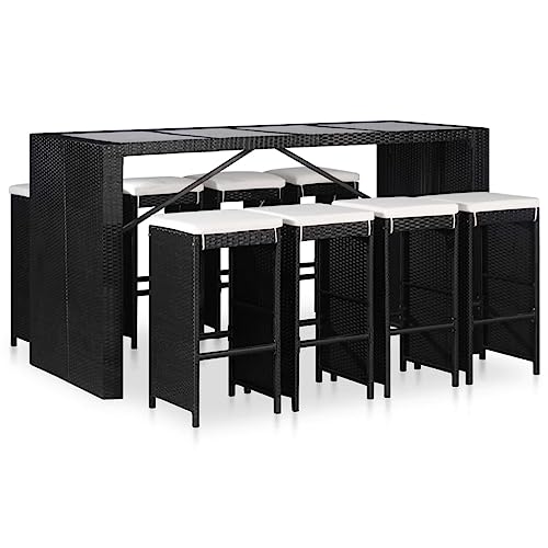 Qnhdfrt 9 teilige Garten Essgruppe Poly Rattan Schwarz Bartisch mit 8 Barhockern und Sitzpolstern 200 x 80 x 110 cm für Terrasse Balkon und Garten von Qnhdfrt