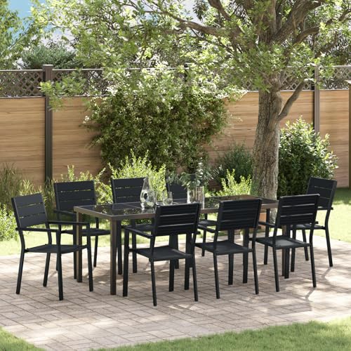 Qnhdfrt 9-teilige Garten Essgruppe Schwarz HDPE Rechteckig Outdoor Möbel Set mit 8 Stühlen und Tisch Modernes Design Wetterfest für Garten Terrasse Balkon von Qnhdfrt