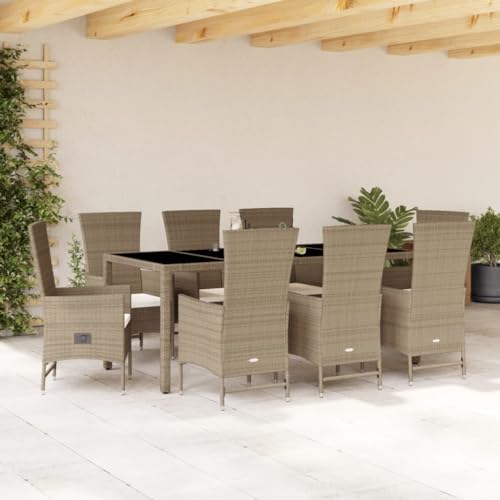 Qnhdfrt 9 teilige Garten Essgruppe mit Kissen Beige PE Rattan Sitzgruppe Outdoor mit Verstellbaren Stühlen und Glas Tisch für Terrasse Balkon Garten Qnhdfrt 9 teilige Garten Essgruppe mit Kissen Beige PE Rattan Sitzgruppe Outdoor mit Verstellbaren Stühlen und Glas Tisch für Terrasse Balkon Garten von Qnhdfrt