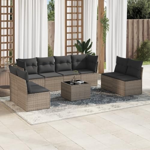 Qnhdfrt 9 teilige Garten Sofagarnitur Set Grau aus PE Rattan mit Kissen und Glas Tisch für Terrasse Balkon Garten von Qnhdfrt