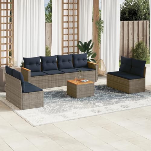 Qnhdfrt 9-teiliges Balkonmöbel Set grau Polyrattan mit massiver Akazientischplatte 55x55 cm Stahlrahmen modular gartenlounge kleine terrasse für Balkon Garten und Innenhof von Qnhdfrt
