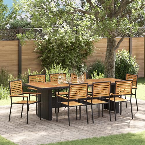 Qnhdfrt 9-teiliges Esstisch Set Schwarz Poly Rattan Akazie Gartenmöbel Outdoor Essgruppe mit stapelbaren Stühlen für Terrasse Garten von Qnhdfrt