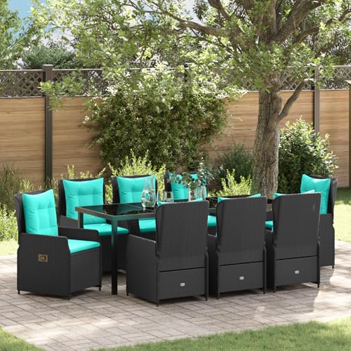 Qnhdfrt 9-teiliges Garten-Dining-Set Schwarz Poly-Rattan mit Verstellbaren Rückenlehnen und Türkisen Kissen für Outdoor Relaxen auf Balkon oder Terrasse von Qnhdfrt