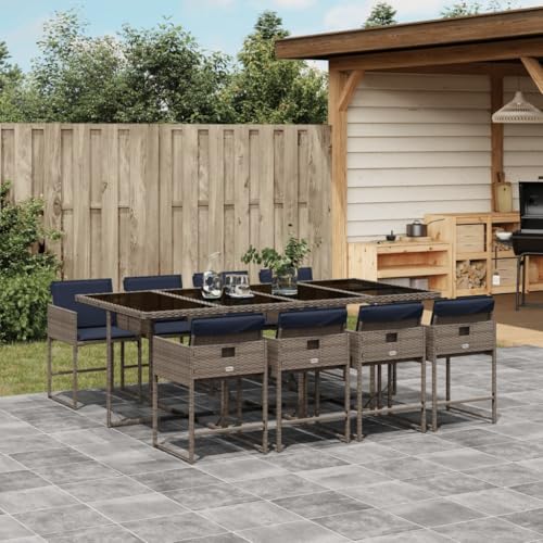 Qnhdfrt 9-teiliges Garten-ESS-Set 220x106 cm grau Polyrattan mit 8 klappbaren Stühlen und marineblauen Kissen Glastisch robust und platzsparend für Terrasse Balkon und Camping von Qnhdfrt