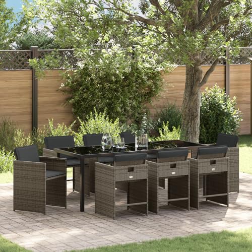 Qnhdfrt 9-teiliges Garten-ESS-Set mit Kissen Grau Poly-Rattan Rechteckig Outdoor Möbel Klappbare Rückenlehne für Garten Terrasse Balkon Modernes Design und Robust von Qnhdfrt