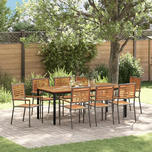 Qnhdfrt 9-teiliges Garten Essgruppe Grau Poly Rattan Akazienholz Outdoor Esszimmer Set für 8 Personen mit stapelbaren Stühlen Modernes Design für Terrasse und Garten von Qnhdfrt