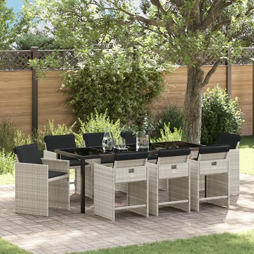 Qnhdfrt 9-teiliges Garten-Essset Hellgrau Poly-Rattan mit Kissen Outdoor-Möbel Set Faltbare Rückenlehne für Garten Balkon Terrasse von Qnhdfrt