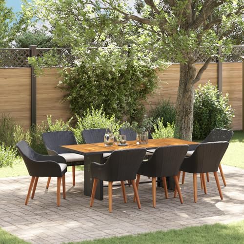 Qnhdfrt 9-teiliges Garten Esstisch Set Schwarz Poly Rattan mit Akazienholzplatte Modernes Design Robust und Langlebig für Terrasse Balkon Garten von Qnhdfrt