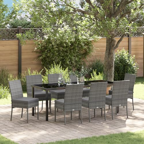 Qnhdfrt 9-teiliges Garten Esszimmer Set Grau Rechteckig aus Poly-Rattan Modernes Design Wetterfest Leicht für Terrasse Balkon und Außenbereich von Qnhdfrt