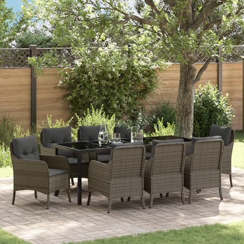 Qnhdfrt 9-teiliges Garten Esszimmer Set mit Grauen Kissen aus Poly Rattan Rechteckig für Terrasse Balkon Garten Modernes Design Stabile Konstruktion von Qnhdfrt