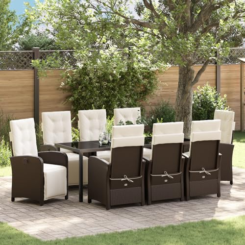 Qnhdfrt 9-teiliges Garten Esszimmer Set mit Kissen Braun Poly Rattan Rechteckig für 8 Personen Outdoor Möbel Terrasse Balkon Modern Robust von Qnhdfrt